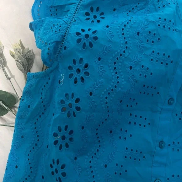 Blue Eyelet Lace Cotton Blouse - Picture 9 of 9